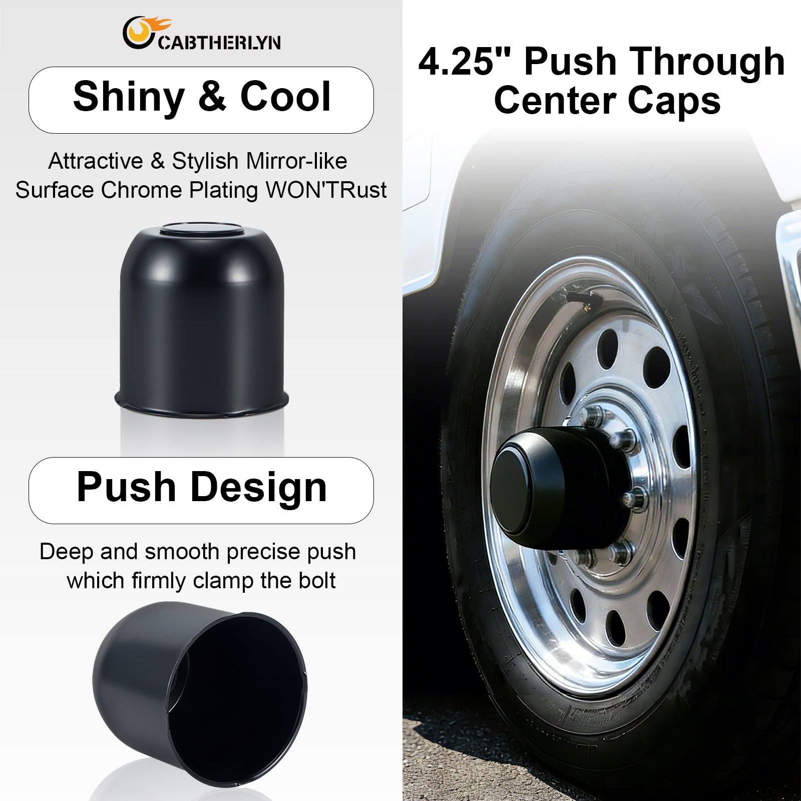 Push-On Axle Nut Cover – Dome Cylinder – 4.29" × 4.25" – Stainless or Black (LT8)