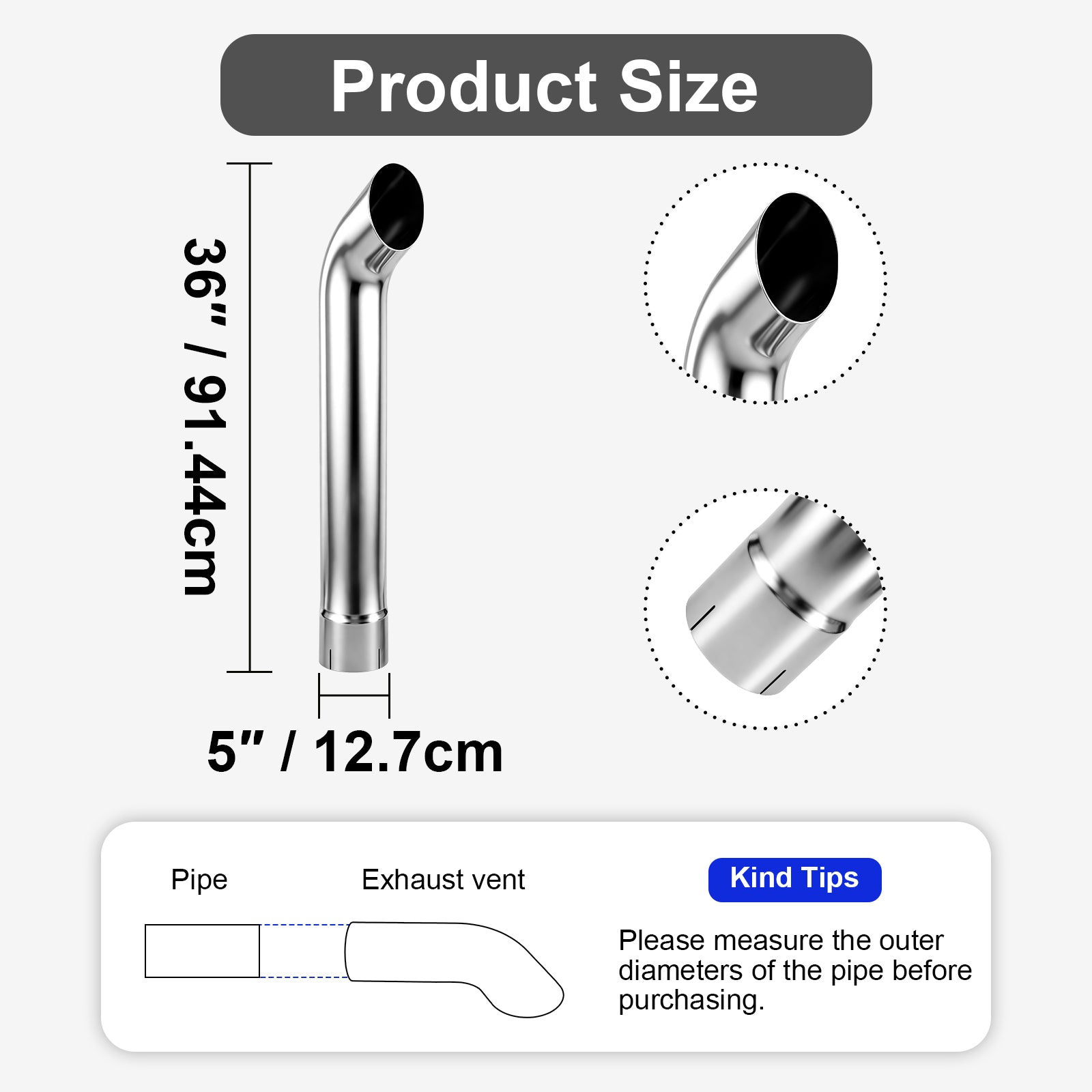 Chrome Curved Exhaust Stack – Flared Bottom – 36" – 5" and 6" Diameters