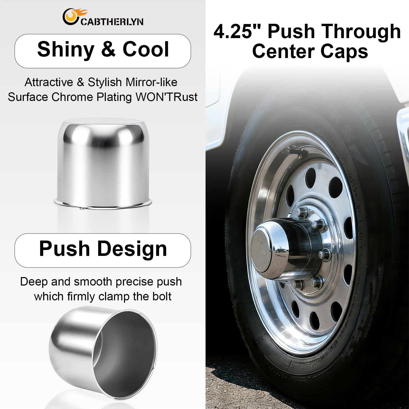 Push-On Axle Nut Cover – Dome Cylinder – 3.66" × 4.25" – Stainless or Black (LT4)
