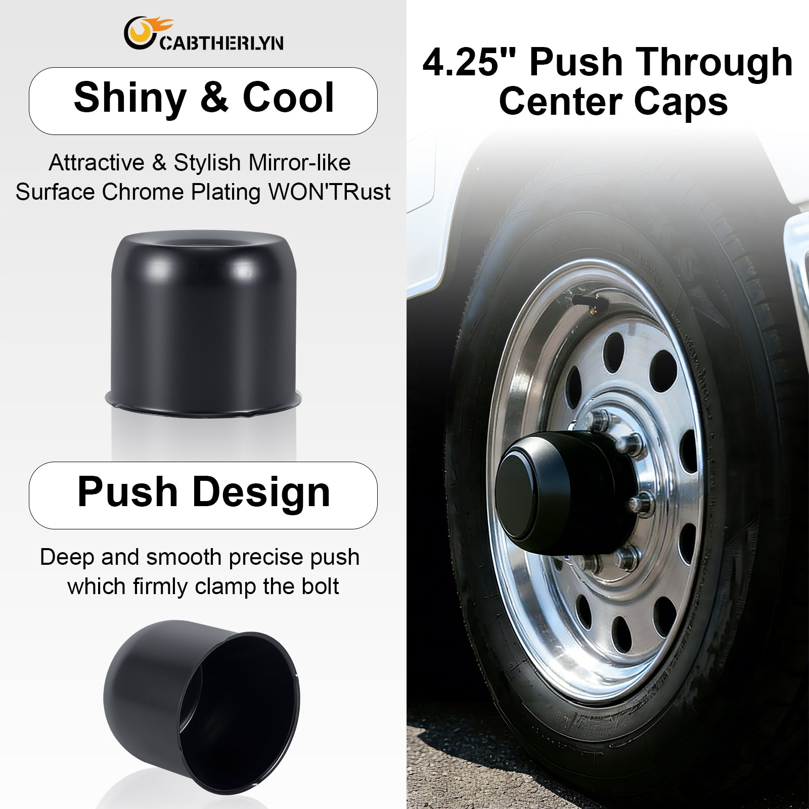 Push-On Axle Nut Cover – Dome Cylinder – 3.66" × 4.25" – Stainless or Black (LT4)