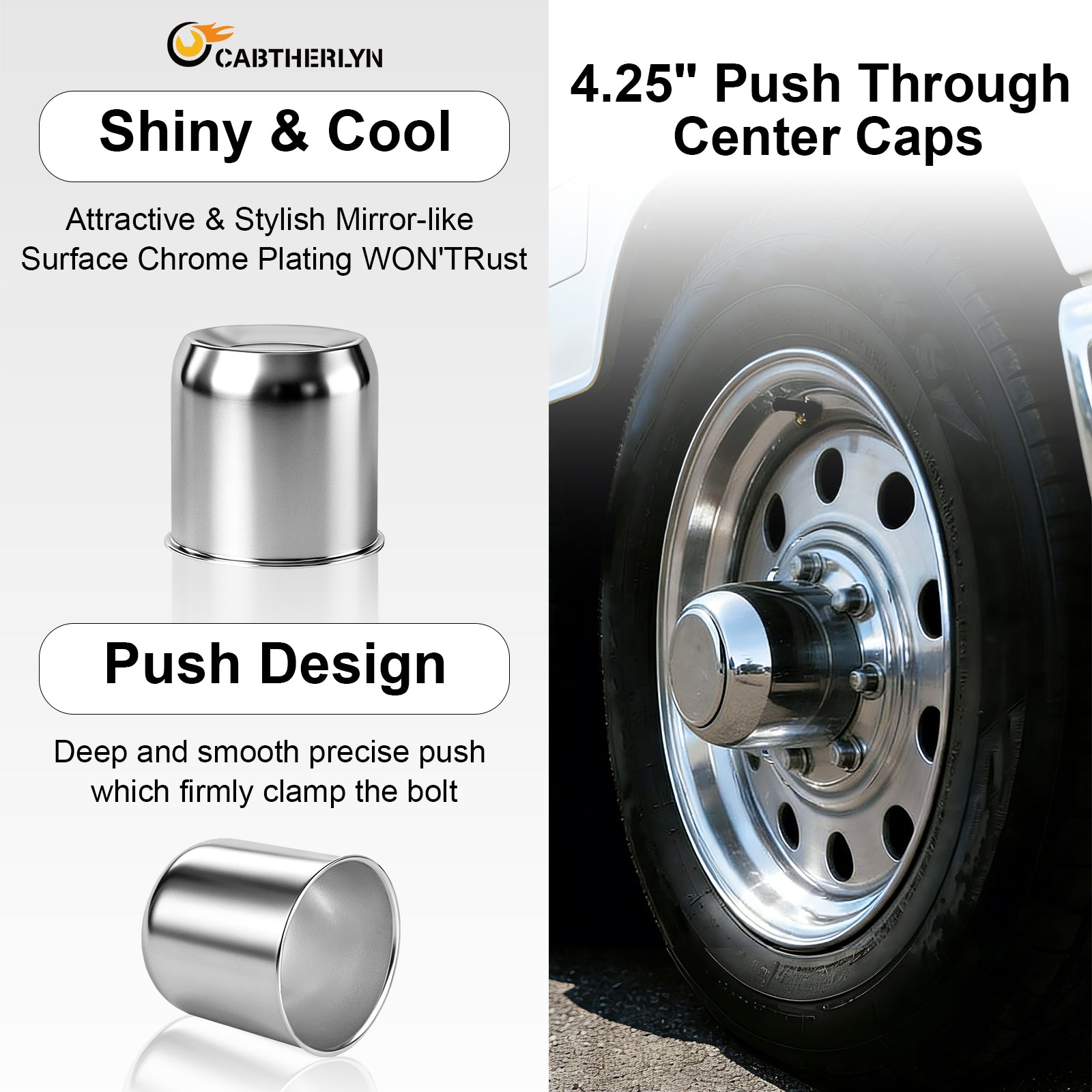Chrome Push-On Axle Nut Cover – Cylindrical Dome – 4.33" × 4.25" (LT10)