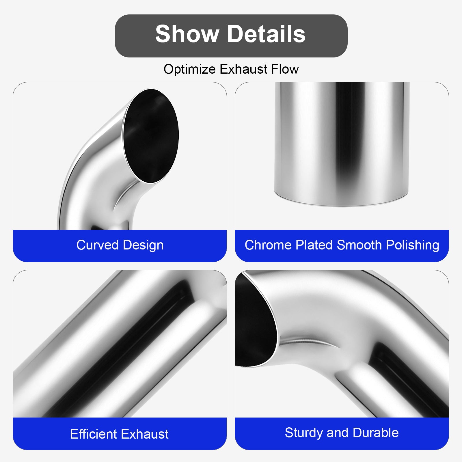 Chrome Curved Exhaust Stack – 5" Diameter – 18", 24", 36", 48", 60" Lengths – Truck Smokestack