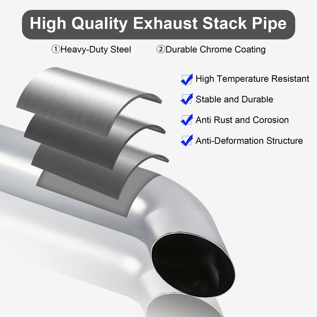 Chrome Curved Exhaust Stack – 5" Diameter – 18", 24", 36", 48", 60" Lengths – Truck Smokestack