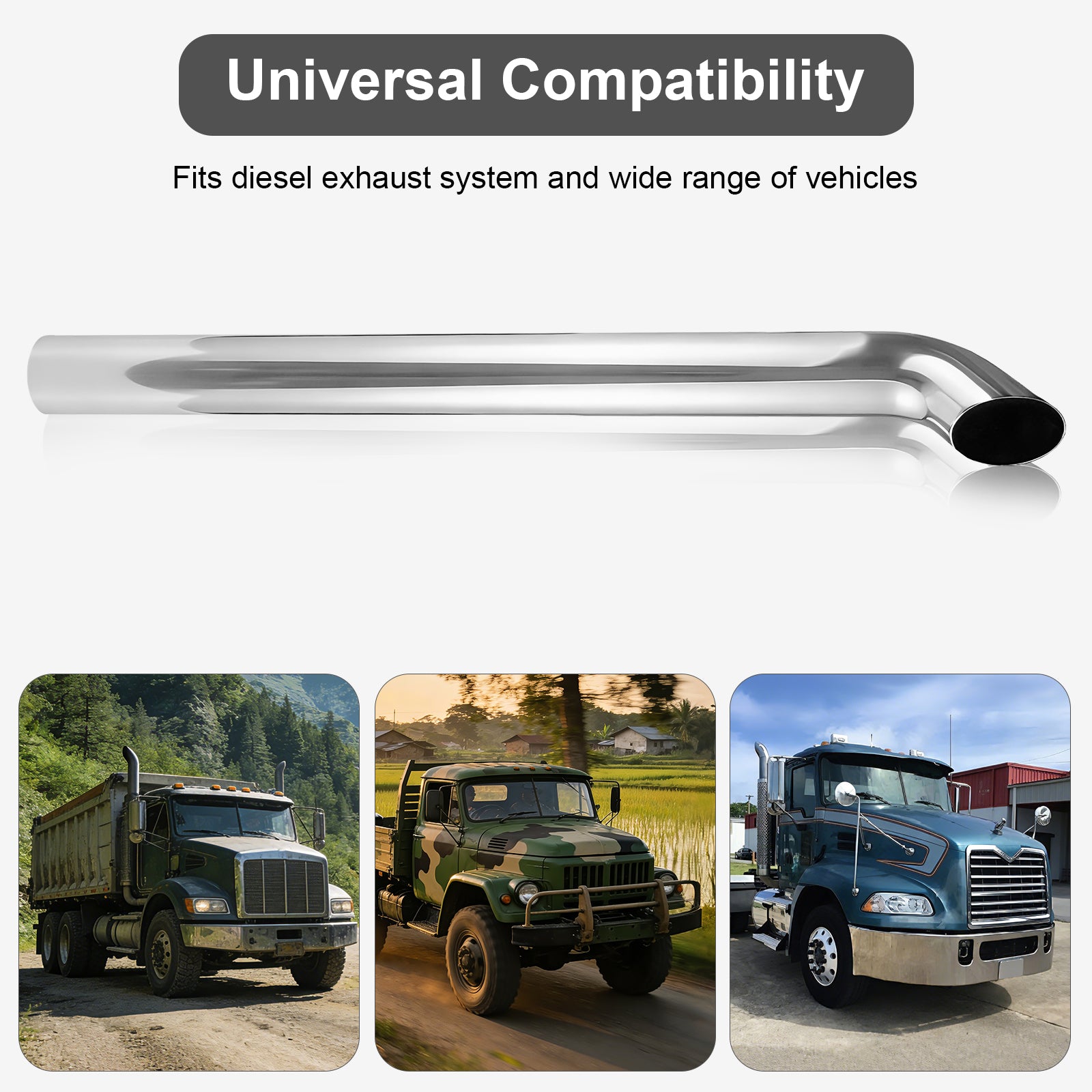 Chrome Curved Exhaust Stack – 5" Diameter – 18", 24", 36", 48", 60" Lengths – Truck Smokestack