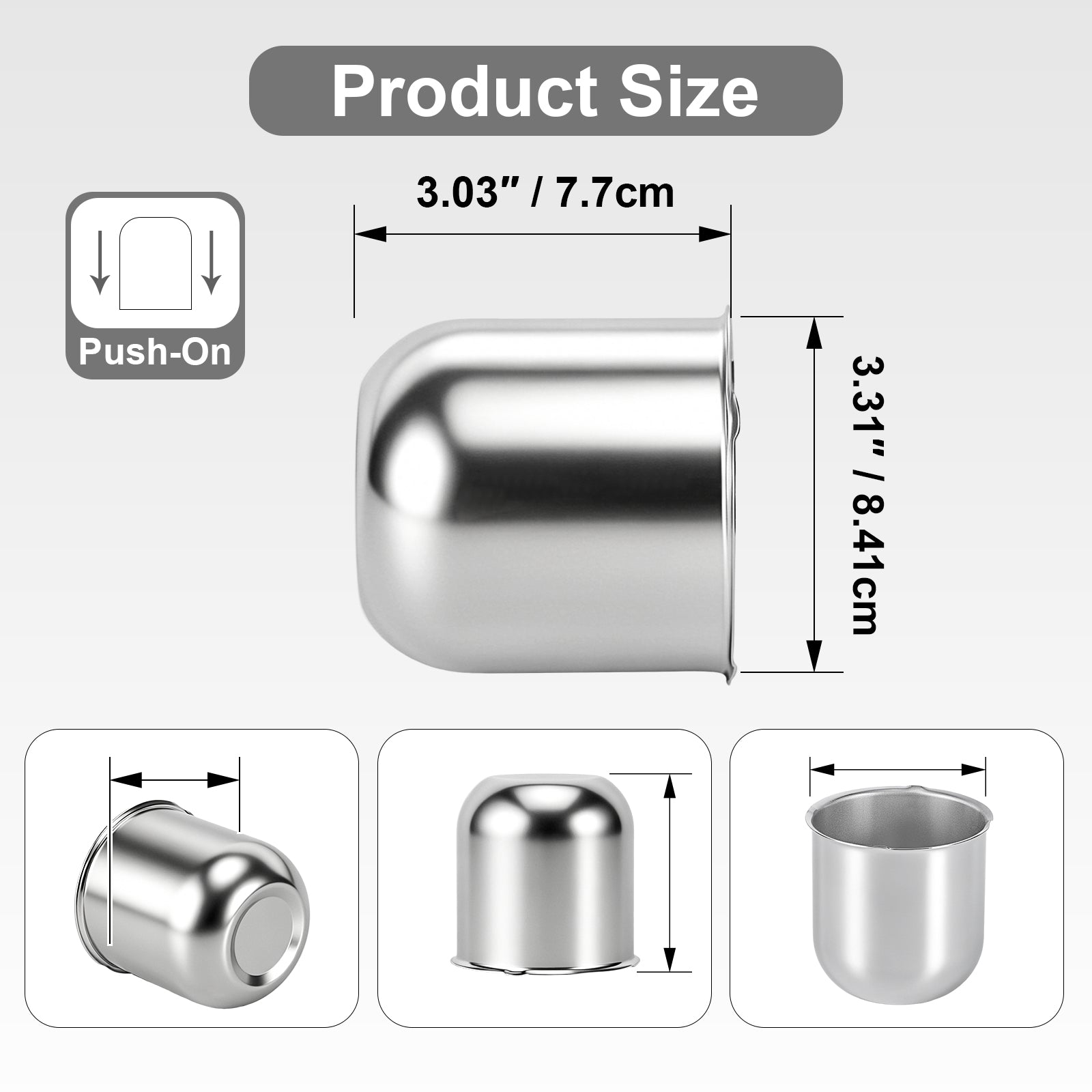 Chrome Push-On Axle Nut Cover – Small Tapered Dome – 3.03" × 3.31" (LT1)