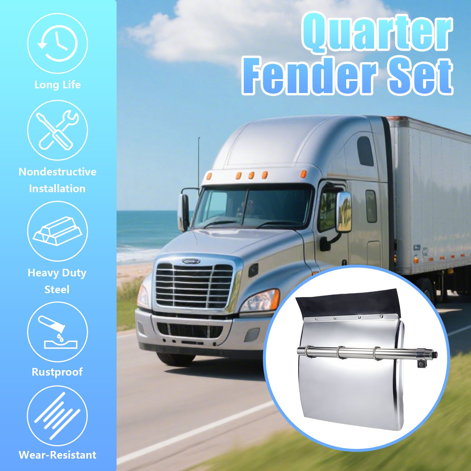 Polished Stainless 24" Truck Quarter Fender – 3-Bar Reinforcement – Pair (6001)