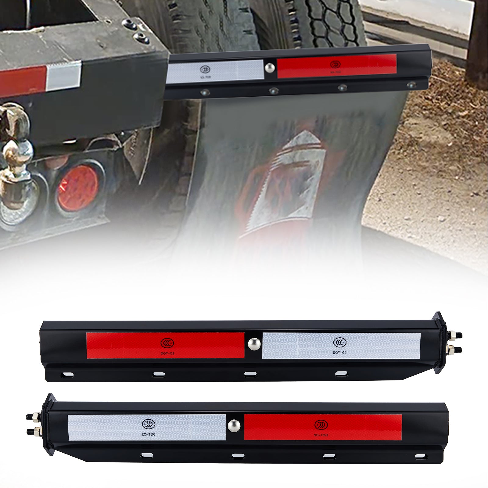 Black Truck Mud Flap Hanger – 30" Straight Rectangular Bar with DOT-C2 Reflective Tape – Pair (655BK)