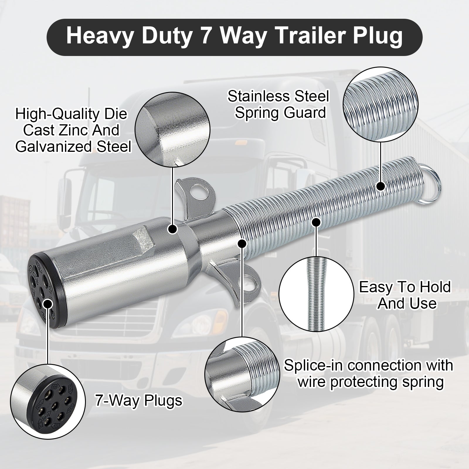 7-Way SAE J560 Trailer Plug — Chrome, Trailer-Side, Spring Strain Relief (SL-S2)
