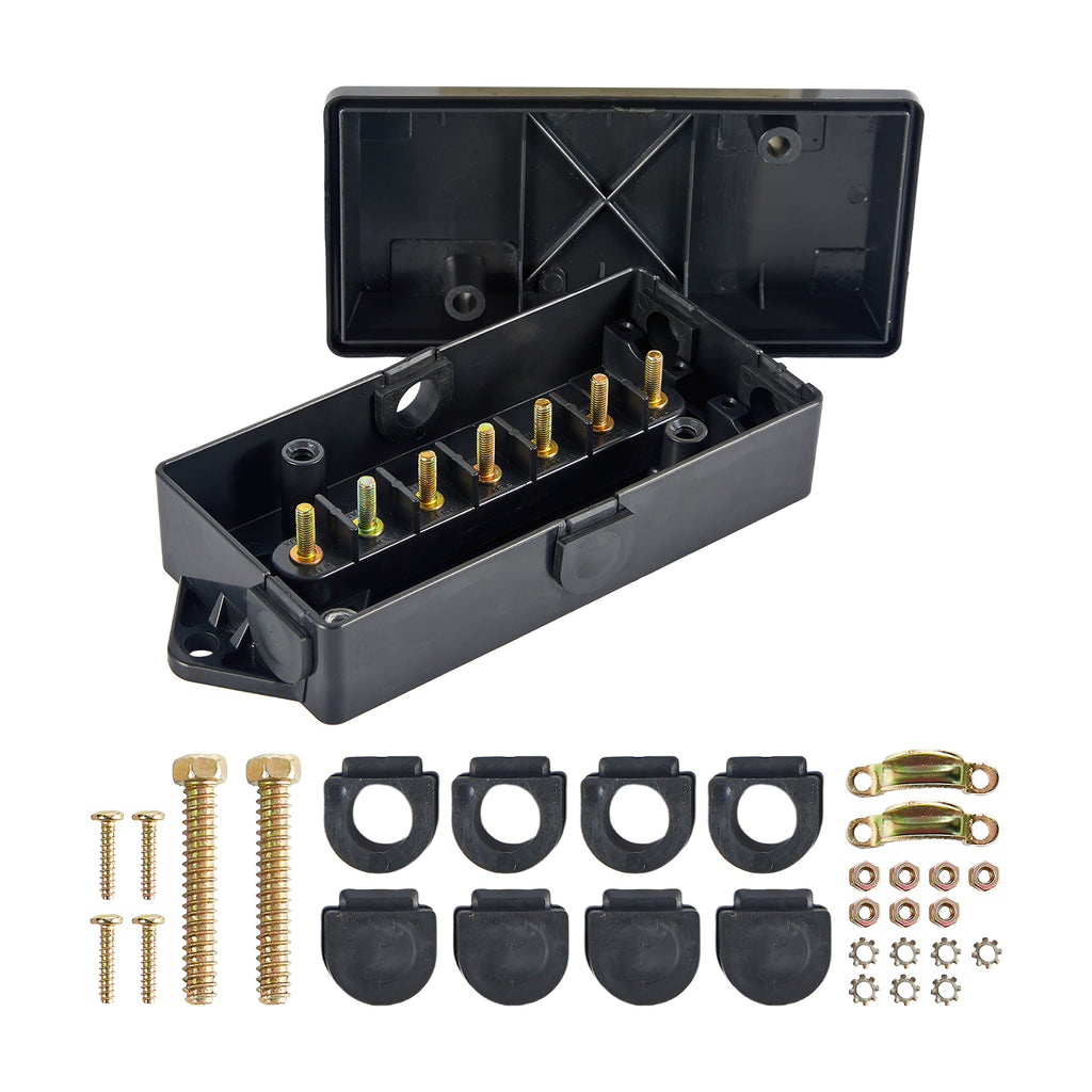 7-Way Trailer Junction Box — Black Plastic with Brass Terminals + Hardware Kit