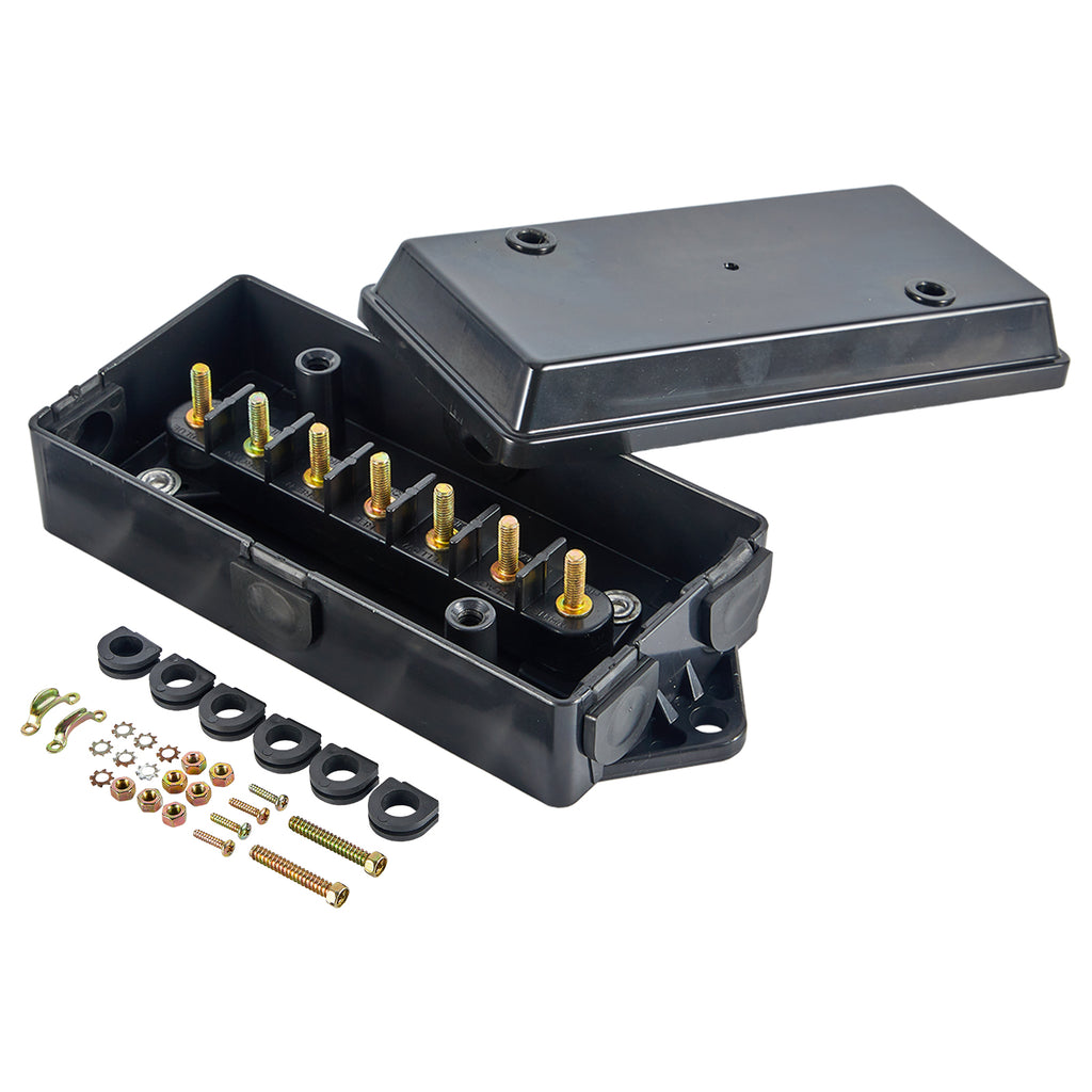 7-Way Trailer Junction Box — Black Plastic with Brass Terminals + Hardware Kit