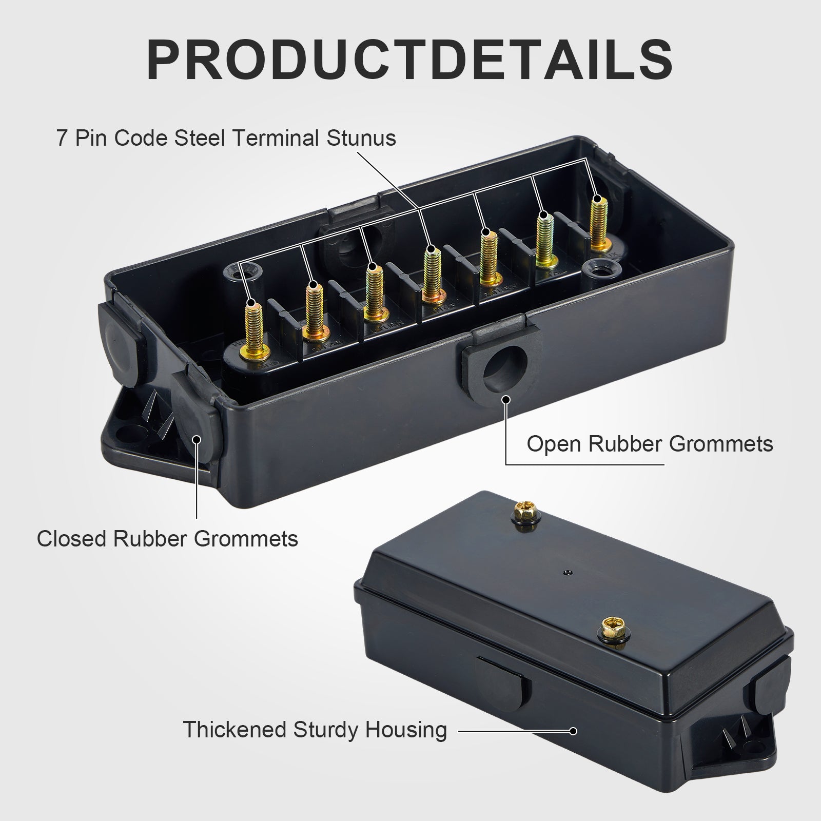 7-Way Trailer Junction Box — Black Plastic with Brass Terminals + Hardware Kit