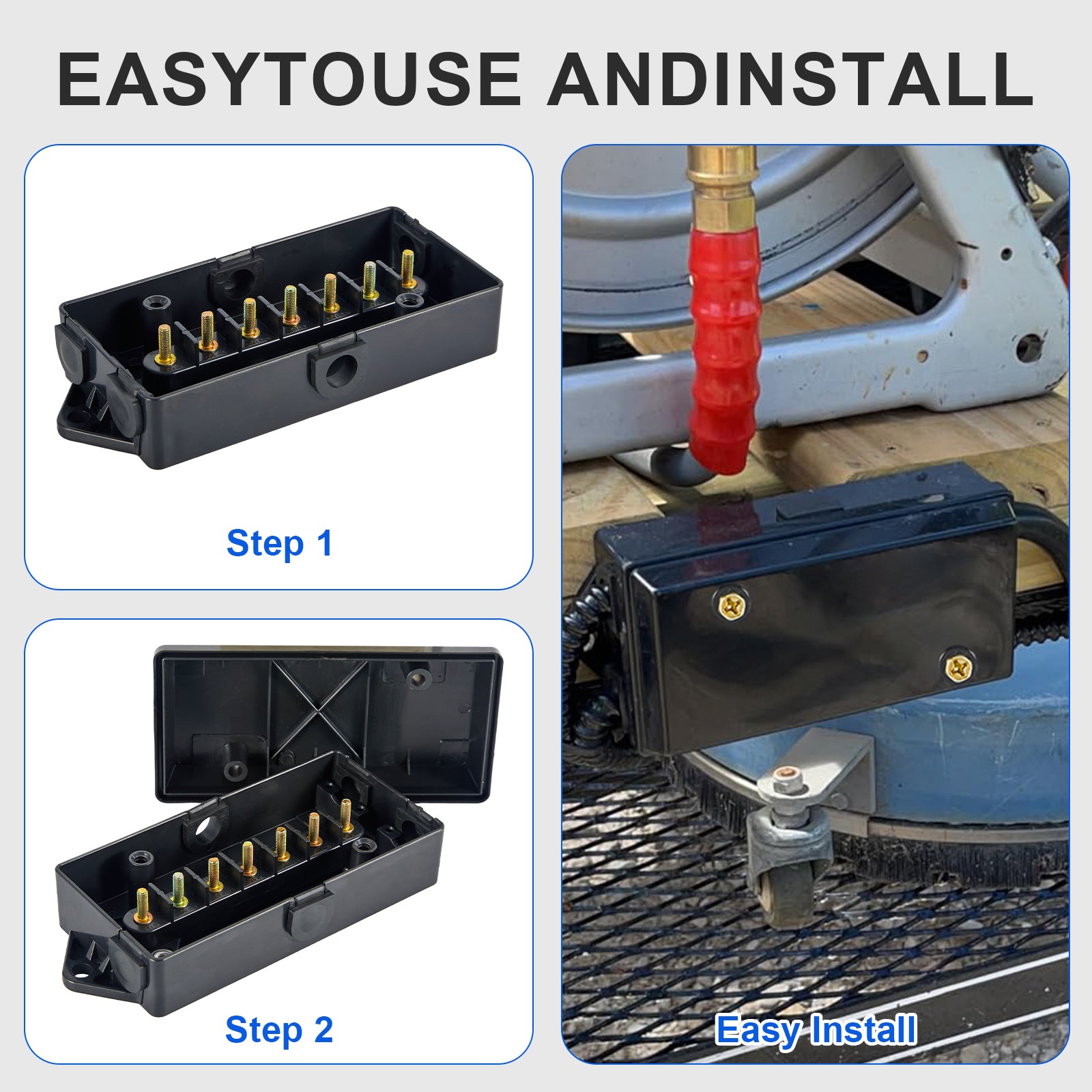 7-Way Trailer Junction Box — Black Plastic with Brass Terminals + Hardware Kit
